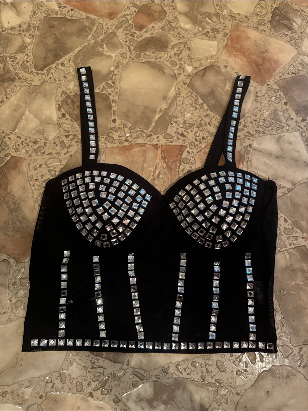 Black Studded Bustier Top with Iridescent Square Gems